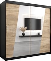 InspireMe - Kledingkast met 2 schuifdeuren, Modern-stijl, Een kledingkast met planken en een spiegel (BxHxD): 200x200x62 - THOR 200 Zwart Mat + Sonoma Eik