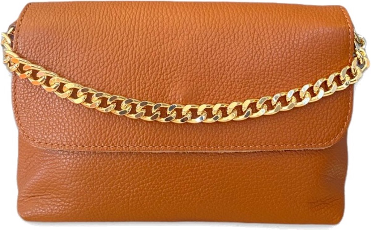 Leren Schoudertas Pretty Chain - Camel - Leer - Kalfsleer - Handtassen