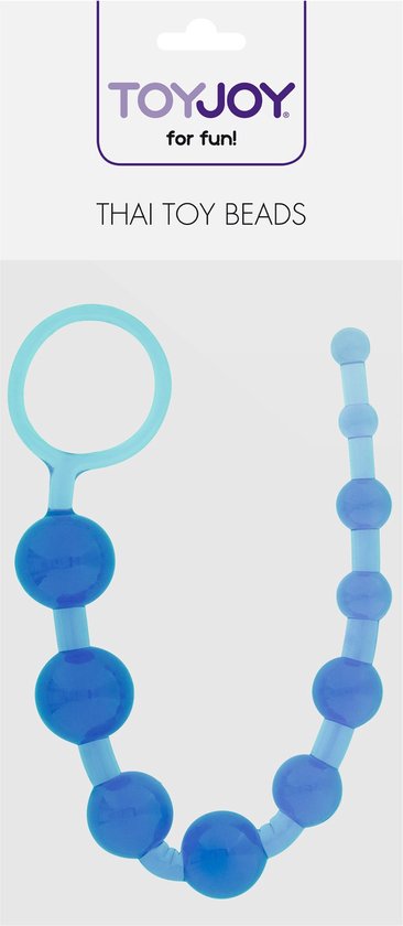 Blauwe kralenketting met een grijze verpakking van TOYJOY.