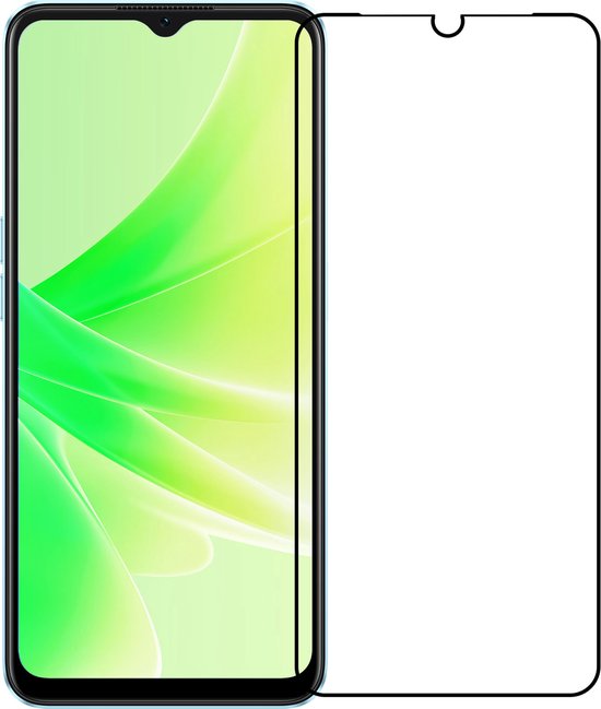 Protecteur d'écran en verre trempé pour OPPO A17. Montre le téléphone avec un arrière-plan abstrait vert/blanc.