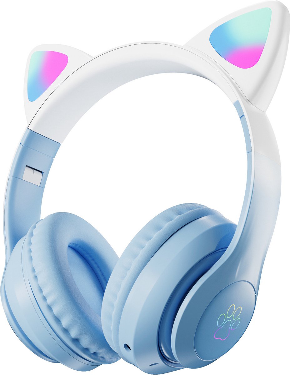 Pro-Care Excellent Quality ™ CAT Wireless Dual Bluetooth over-ear Headset met RGB LED verlichting - HD Microfoon - Active Noise Reduction - Met Radio en TF card Slot - Kleur Blauw
