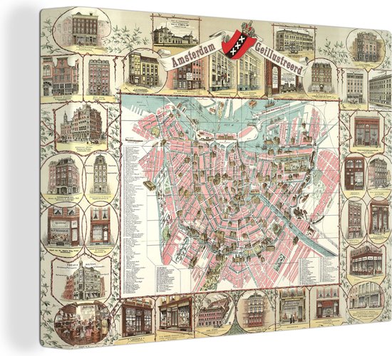 Un plan de ville historique et détaillé d' Amsterdam sur toile - Carte 40x30 cm - petit - Tirage photo sur toile (Décoration murale salon / chambre)