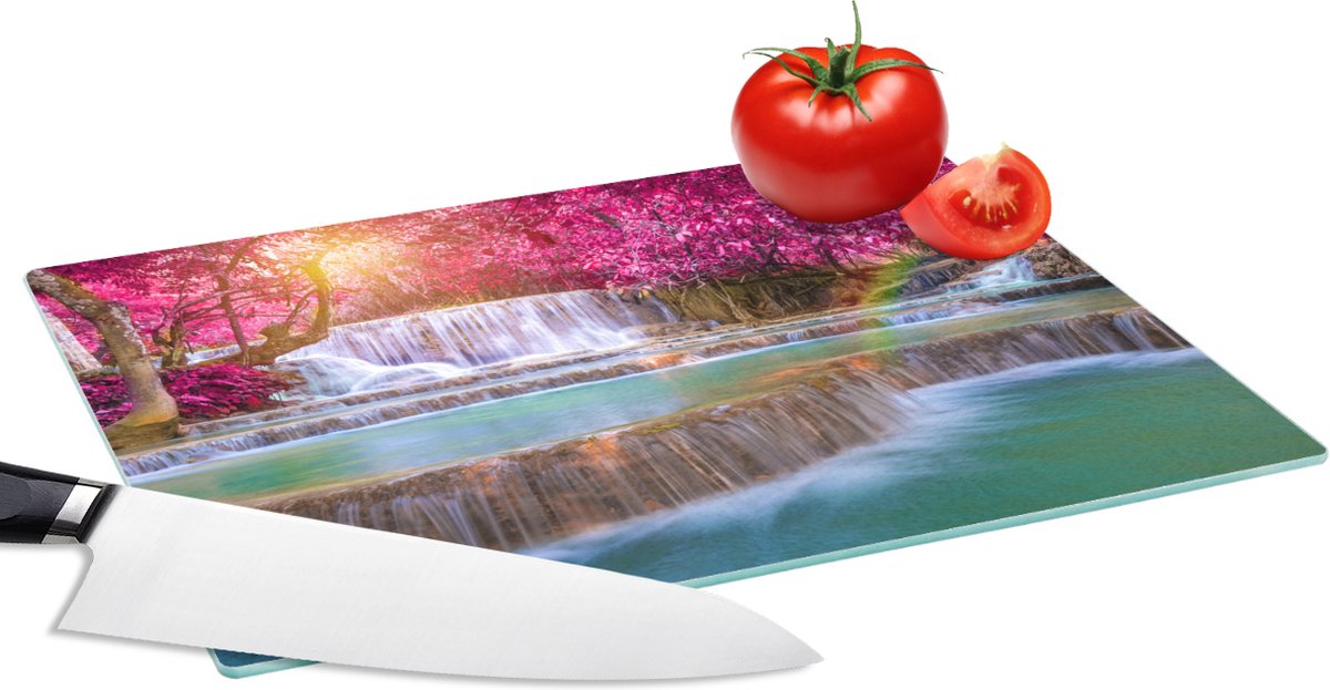 Glazen Snijplank - 28x20 - Waterval - Regenboog - Bomen - Roze - Natuur - Snijplanken Glas
