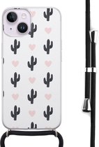 Hoesje met koord - Geschikt voor iPhone 14 - Cactus - Verstelbaar zwart koord - Transparant, Groen - Planten - Leuke Telefoonhoesjes