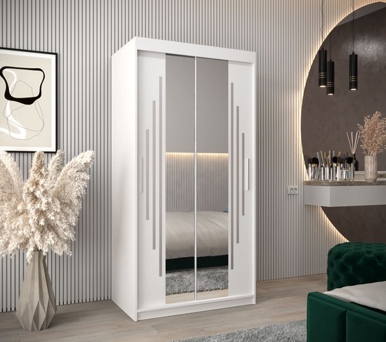 InspireMe - Armoire avec 2 portes coulissantes, Style moderne, Une armoire avec des étagères et un miroir (LxHxP) : 100x200x62 - MALTESE I 100 Wit Mat