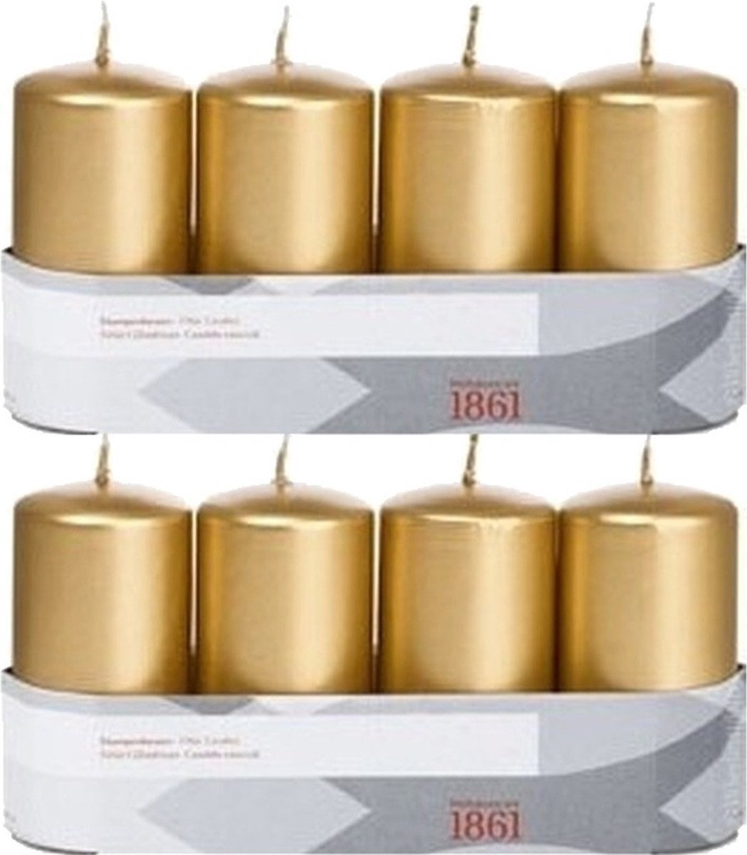 Trend Candles Cilinderkaarsen - 8x - goud - 5 x 10 cm - 18 branduren - geurloos - wax - kaarsen Goudkleurig