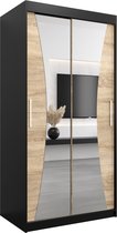 InspireMe - Kledingkast met 2 schuifdeuren, Modern-stijl, Kledingkast met planken (BxHxD): 100x200x62 - MEGRA 100 Zwart Mat + Sonoma Eik met 2 lades