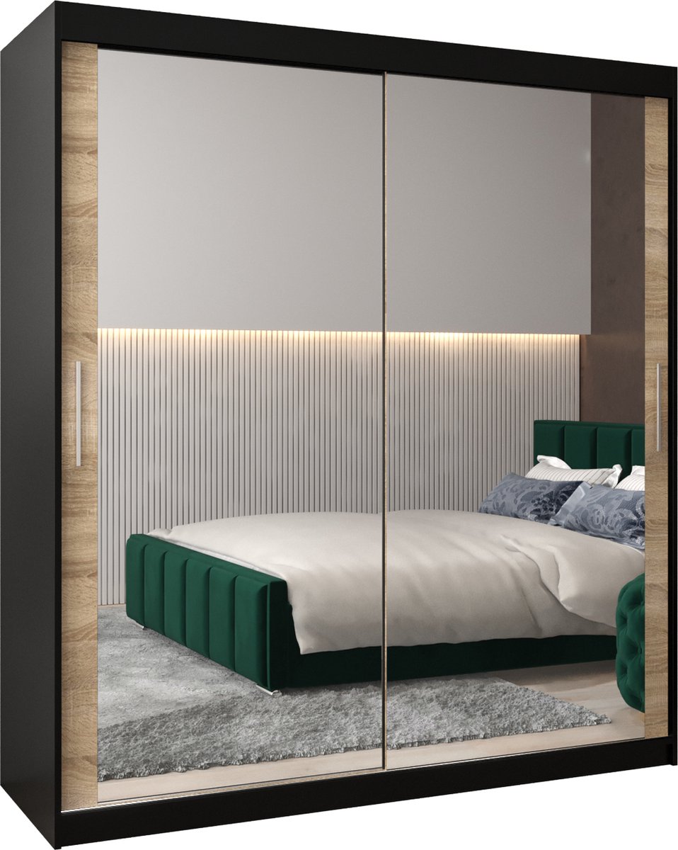 InspireME Kledingkast met 2 schuifdeuren, Modern-stijl, Kledingkast met planken (BxHxD): 180x200x62 - TORM III 180 Zwart Mat + Sonoma Eik met 4 lades