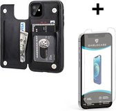ShieldCase Wallet case geschikt voor Apple iPhone 12 Mini - 5.4 inch - zwart + glazen Screen Protector
