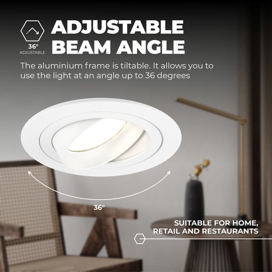 Verstelbare witte inbouwspot met een kantelbaar aluminium frame tot 36 graden.