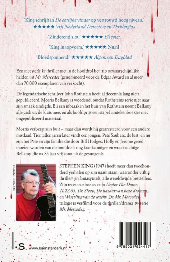 Achterkant van het boek 'De eerlijke vinder' met recensies, een foto van Stephen King en een staafcode.