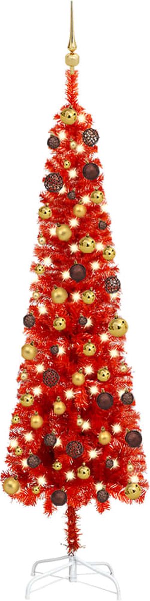 Prolenta Premium - Kerstboom met LED's en kerstballen smal 180 cm rood