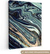 Canvas Schilderij Marmer - Goud - Blauw - Glitter - Marmerlook - Abstract - 60x80 cm - Wanddecoratie