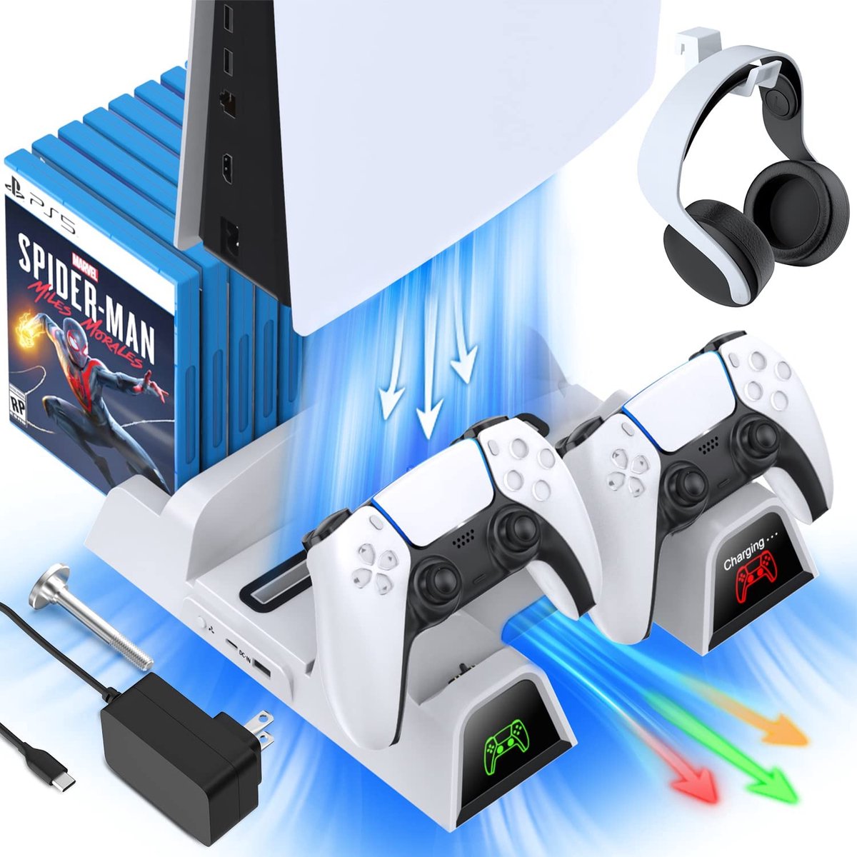 Support PS5 avec Ventilateur de Refroidissement pour Playstation 5,  Chargeur de Manette PS5 avec indicateur LED, Station de Charge PS5 avec  Stockage