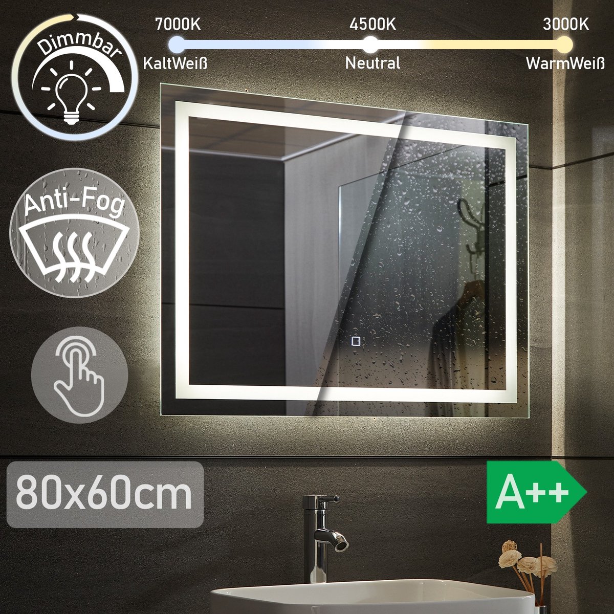 Miroir de salle de bain LED 120x80 cm dimmable, fonction anti-buée