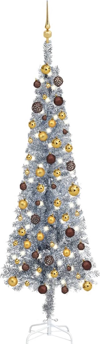 Prolenta Premium - Kerstboom met LED's en kerstballen smal 180 cm zilverkleurig