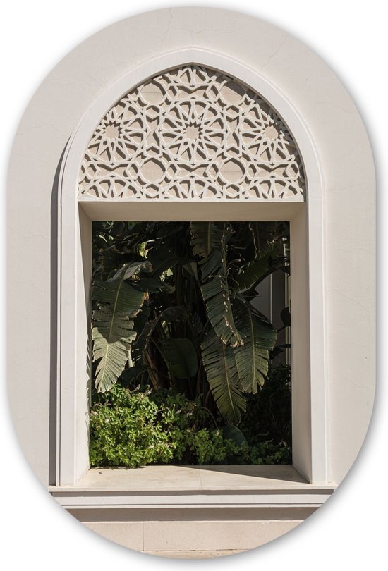 Muurovaal - Kunststof Wanddecoratie - Ovalen Schilderij - Raam - Planten - Tropisch - Zomer - 40x60 cm - Ovale spiegel vorm op kunststof