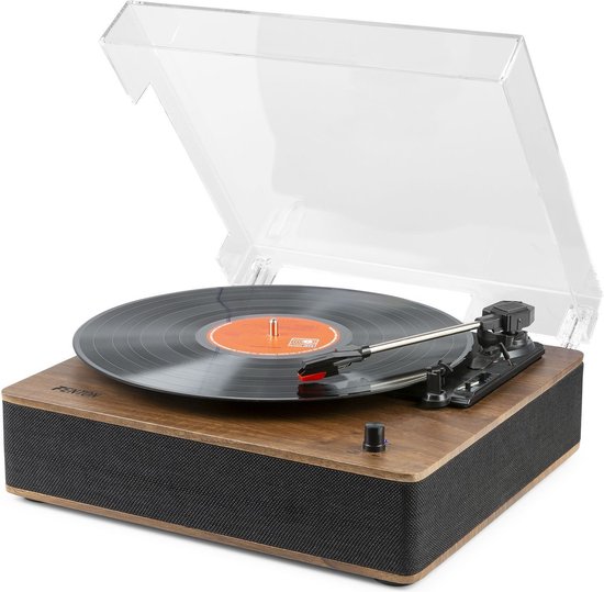 Houten platenspeler met zwarte speakerdoek, doorzichtige deksel en draaiende plaat met Fenton logo.