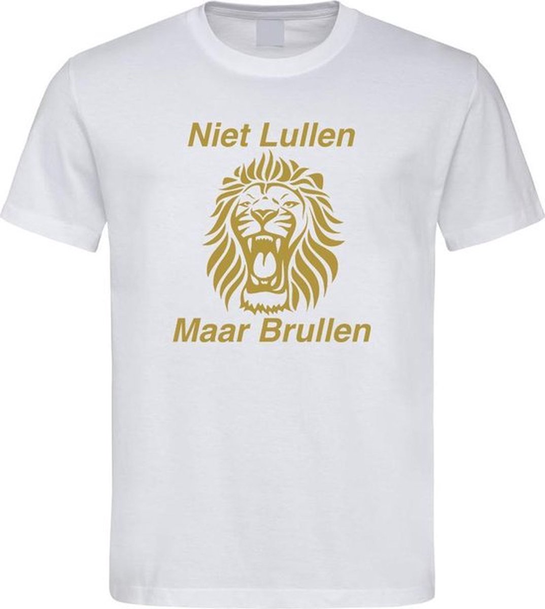 Wit WK 2022 voetbal T-shirt met “ Niet Lullen Maar Brullen “ print goud maat S