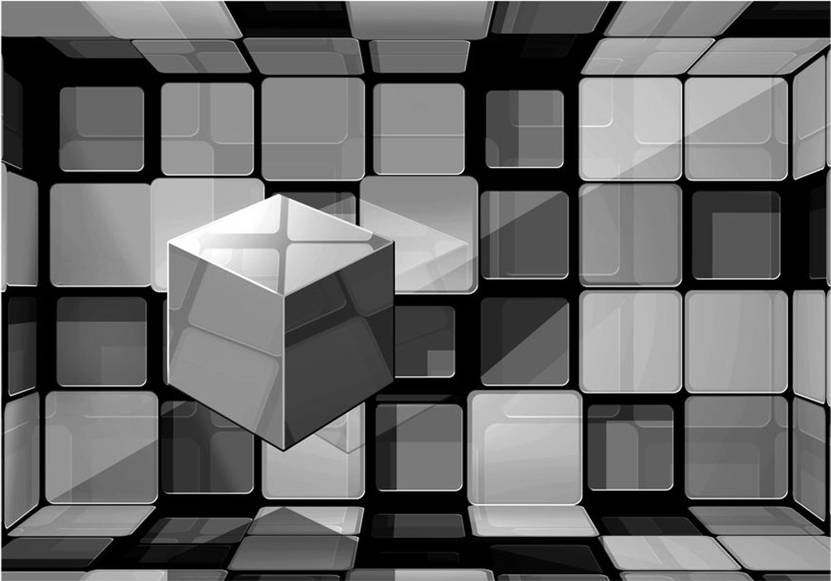Fotobehangkoning - Behang - Vliesbehang - Fotobehang - Rubik's cube in gray - Zilveren Rubik's Cube - 400 x 280 cm