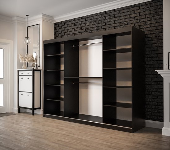 InspireMe - Armoire avec 3 portes coulissantes, Style moderne, Une armoire avec des étagères et un miroir (LxHxP): 250x200x62 - ALTER T1 250 Zwart Mat + Bois Old Style