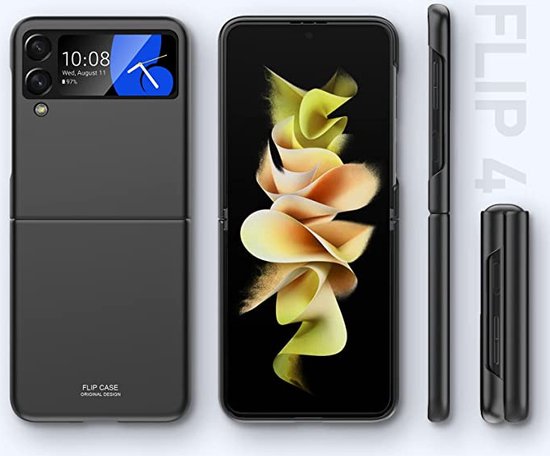 Een zwarte opklapbare telefoonhoes, gesloten, open en van de zijkant bekeken. 'FLIP CASE ORIGINAL DESIGN' is zichtbaar.