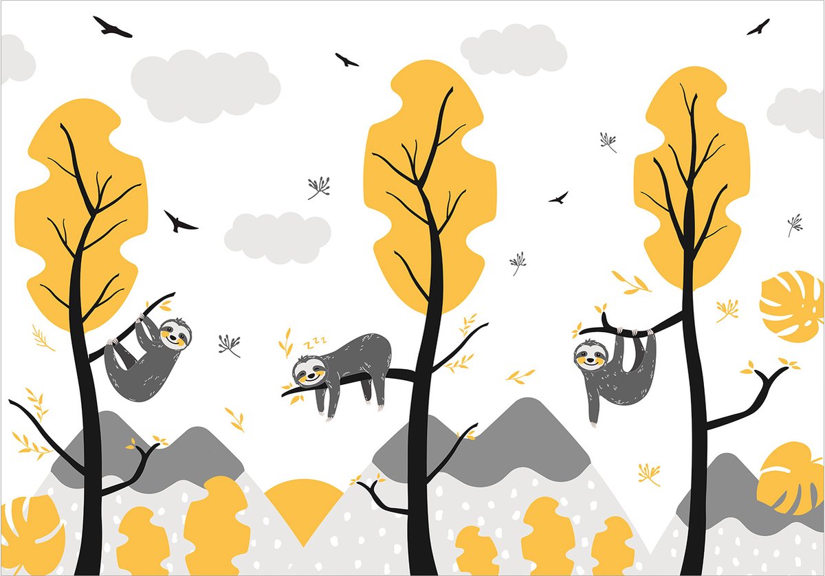 Fotobehangkoning - Behang - Vliesbehang - Fotobehang Vrolijke Luiaards - Luiaards in het Bos - Cute Sloths - 150 x 105 cm