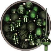 Decoris Kerstballen - 37x stuks - 6 cm - donkergroen - kunststof - incl. glazen piek glans