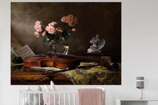 Stickers muraux - Film autocollant - Violon - Roses - Rose - Fleurs - Nature morte - 160x120 cm - Film adhésif - Stickers muraux Chambre d'enfant - Papier peint autocollant XXL