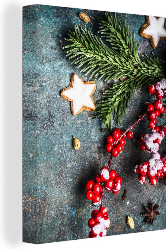 Canvas Schilderij Kerst - Rustiek - Takken - Steranijs - Bes - Rood - 30x40 cm - Wanddecoratie