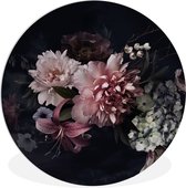 WallCircle - Wall Circle - Wall Circle Indoor - Fleurs - Vintage - Pastel - Zwart - Bouquet - 60x60 cm - Décoration murale - Peintures Ronds