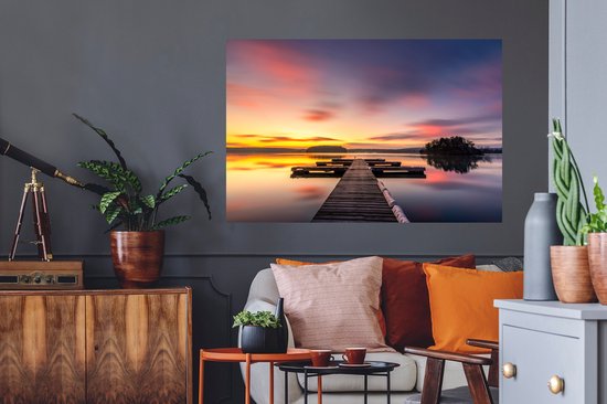 Muurstickers - Sticker Folie - Steiger - Zonsondergang - Water - Zee - Reflectie - 120x80 cm - Plakfolie - Muurstickers Kinderkamer - Zelfklevend Behang - Zelfklevend behangpapier - Stickerfolie