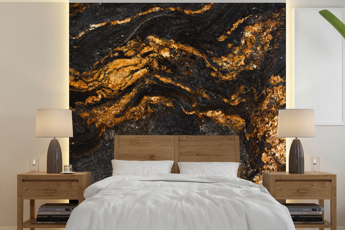 Behang - Fotobehang Marmer - Kalk - Zwart - Goud - Marmerlook - Luxe - Breedte 350 cm x hoogte 350 cm