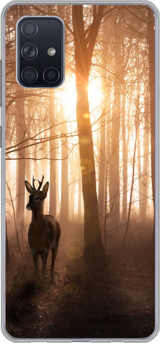 Telefoonhoesje Geschikt voor Samsung Galaxy A51 5G hoesje - Bos - Hert - Zon - Bomen - Winter - Natuur - Dieren - Siliconen Telefoonhoesje Telefoonhoesje