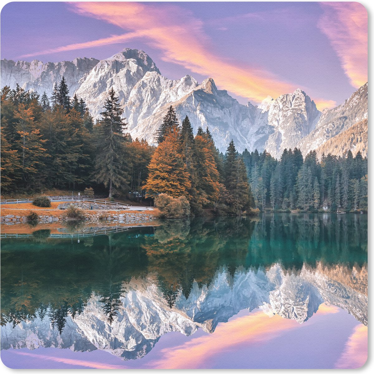 Muismat 20x20 cm - Mousepad Bergen - Bos - Water - Lucht - Roze - Paars - Muismatten