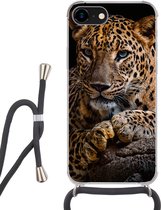 Telefoonhoesje Geschikt voor iPhone 8 - Wilde dieren - Panter - Portret - Zwart - Dieren - Siliconen - Crossbody - Backcover met Koord - Telefoonhoesje met koord - Hoesje met touw Telefoonhoesje