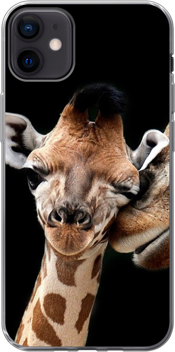 Geschikt voor iPhone 12 mini hoesje - Giraffe - Dieren - Zwart - Portret - Dieren - Siliconen Telefoonhoesje