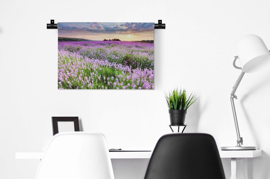 Tapisserie Champs de lavande - Champ de Lavande avec un ciel de feu Tapisserie coton 60x40 cm - Tapisserie avec photo