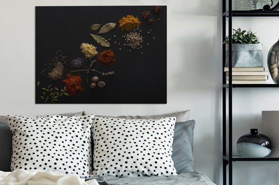 Canvas Schilderij Kruiden - Zwart - Specerijen - Keuken - Koken - 80x60 cm - Wanddecoratie
