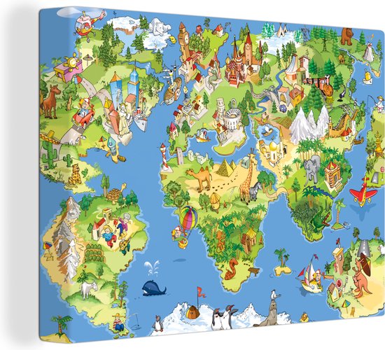 Kinder wereldkaart op canvas dieren muurdecoratie | Wereldkaart Canvas Schilderij
