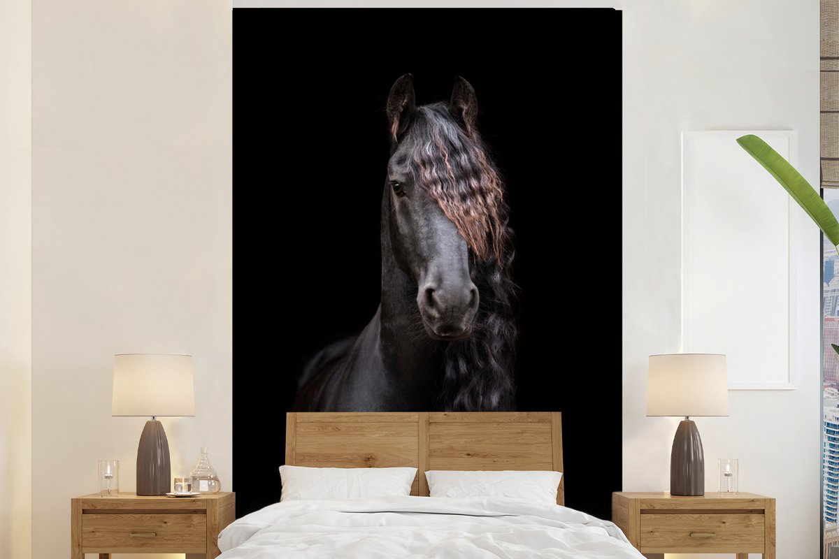 Behang - Fotobehang Paarden - Fries - Manen - Zwart - Dieren - Breedte 225 cm x hoogte 350 cm