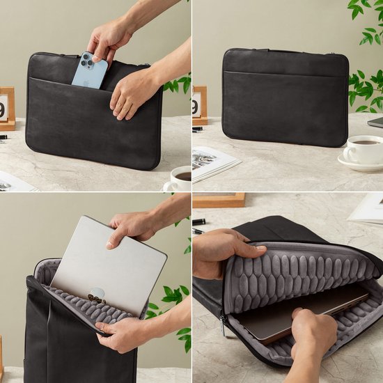 Zwarte laptoptas met beschermende voering, inzetstukken met rits en voorvak, toonbeeld van hoe een telefoon erin past.