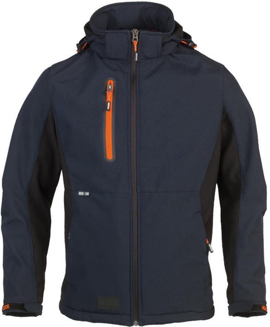 Donkerblauwe softshell jas met zwarte zijkanten en oranje ritsen. Capuchon met koord.