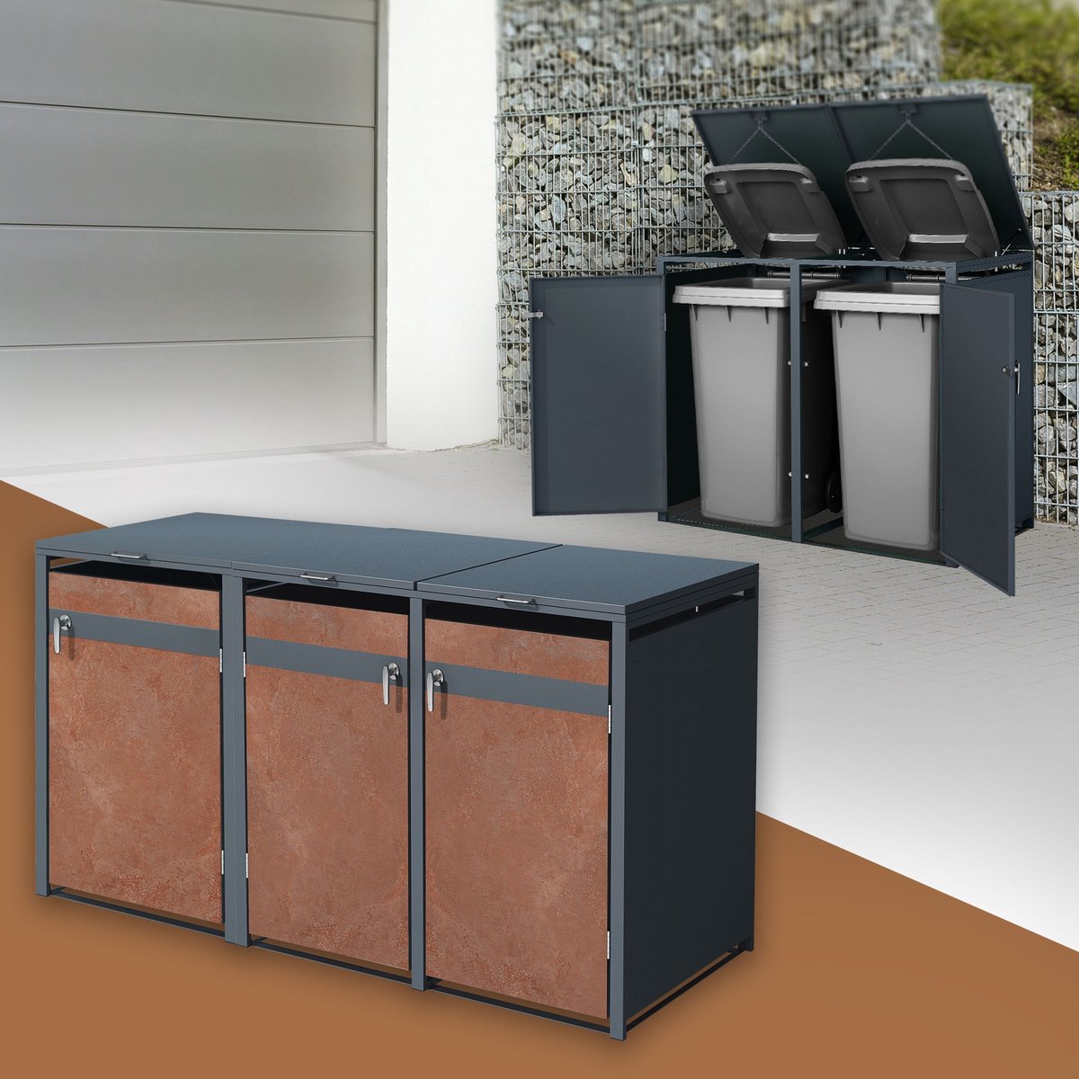 3-bins Kliko ombouw, Container ombouw tot 240L 200x80x116,3 cm gemaakt van staal in roest-look ML-design