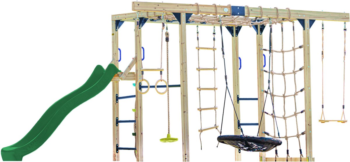 AXI Boris Klimtoestel Bruin met Schommels en Trapeze – Groene Glijbaan – Monkey Bars en Klimnetten – Duikelstang – Diverse Ladders