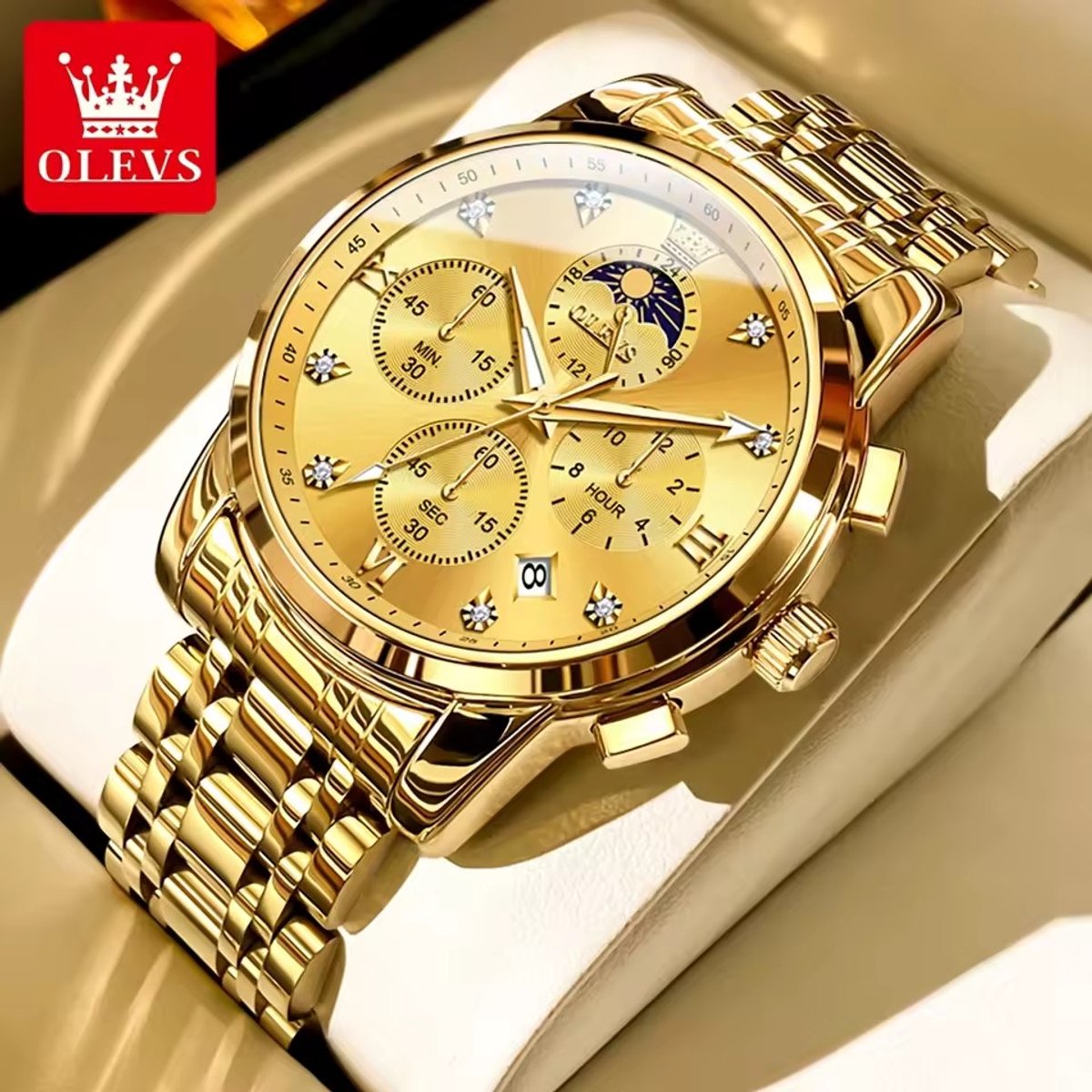 HO-3655.g : OLEVS goudlkl edelstaal chronografisch quartz horloge, goudkl wijzerplaat, 2de tijdzone  uren  minuten  maanfase -aanduiding, diamant, zirkonia