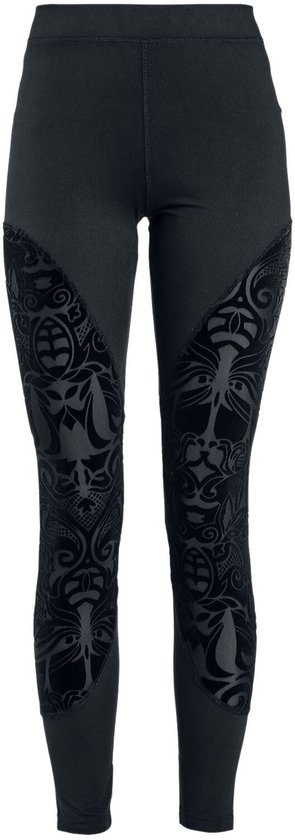 Zwarte legging met gaasinzetstukken op de benen, met een flockprint van bloemen en vlinders. Vooraanzicht.