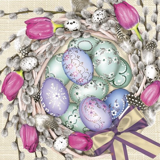 Maki - Lunch servetten - Violet Tulips Wreath with Eggs