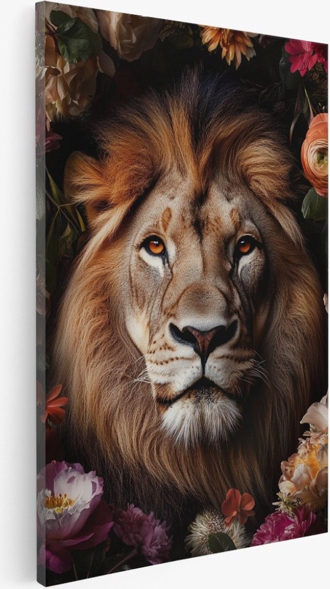 Saammp Canvas Schilderij - Abstracte Leeuw tussen de bloemen - Dieren - Natuur - 30x45 - Foto op canvas - Wanddecoratie - Muurdecoratie Woonkamer - Slaapkamer decoratie - Canvas Print Multicolor