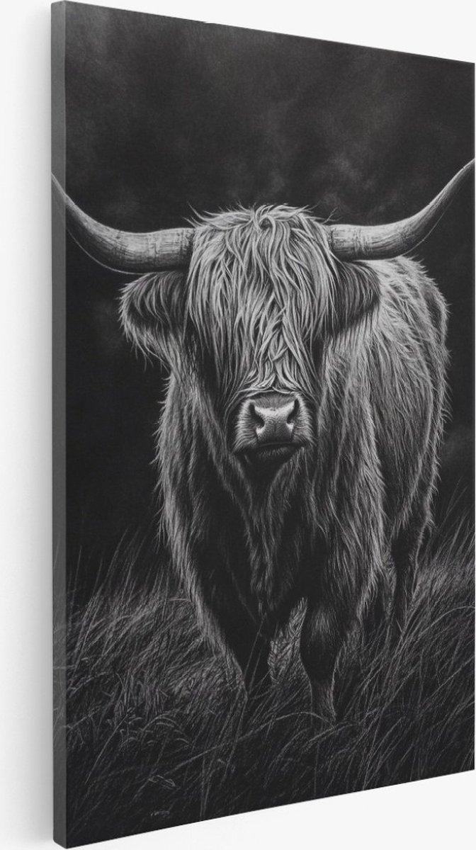 Saammp Canvas Schilderij - Schote Hooglander Koe in weiland - Natuur - Dieren - 40x60 - Foto op canvas - Wanddecoratie - Muurdecoratie Woonkamer - Slaapkamer decoratie - Canvas Print Multicolor